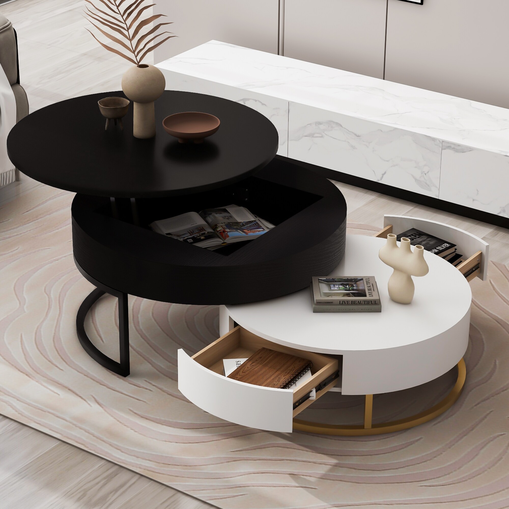 Lift top Nesting Round Coffee Tables with Storage Drawers White Black On Sale Bed Bath Beyond 39255229